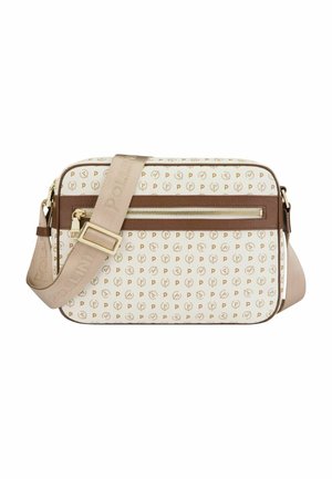 Borsa a tracolla crema e marrone con motivo a logo dorato, tasca frontale con zip e tracolla regolabile con marchio impresso.
