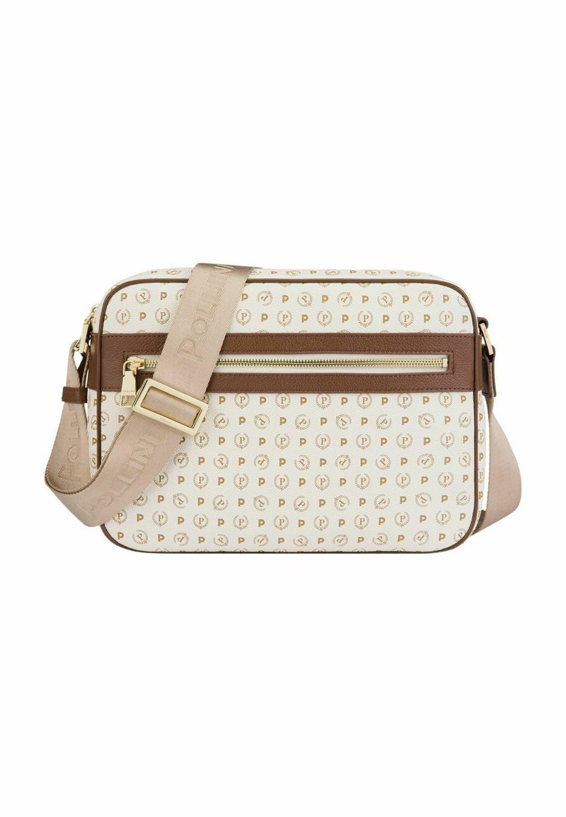 Borsa a tracolla crema e marrone con motivo a logo dorato, tasca frontale con zip e tracolla regolabile con marchio impresso.