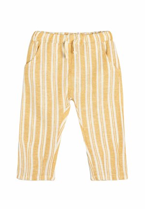 Gelbe gestreifte Hosen aus leichtem Stoff. Mit weißen vertikalen Streifen, einem elastischen Bund mit einem Kordelzug und seitlichen Taschen.