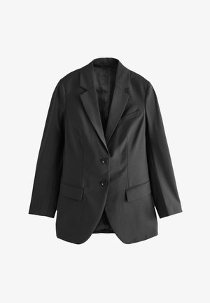 Juodas bleizeris su dviem mygtukais, kirptais atlapais ir šoniniais kišenėmis. Lygi medžiaga su minimalia tekstūra, pritaikyta forma ir vienu krūtinės kišeniu.