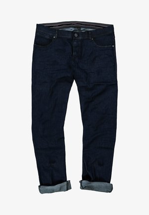 Granatowe dżinsy o prostym kroju, z podwiniętymi nogawkami, pięcioma kieszeniami i markowym pasem. Powierzchnia jest gładka z delikatną teksturą.