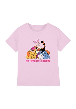 Hellrosa T-Shirt mit den Cartoonfiguren Winnie Puuh, Ferkel, Tigger und I-Aah über rosa Text "MEINE LIEBLINGSFREUNDE."