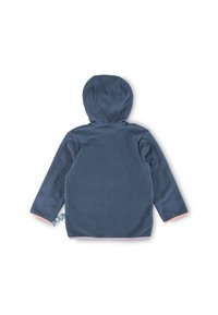 Fleece-Hoodie in Dunkelblau mit Kapuze, langen Ärmeln, pinken Saumakzenten und elastischem Kordelzugdetail auf einer Seite. Weiche Textur.