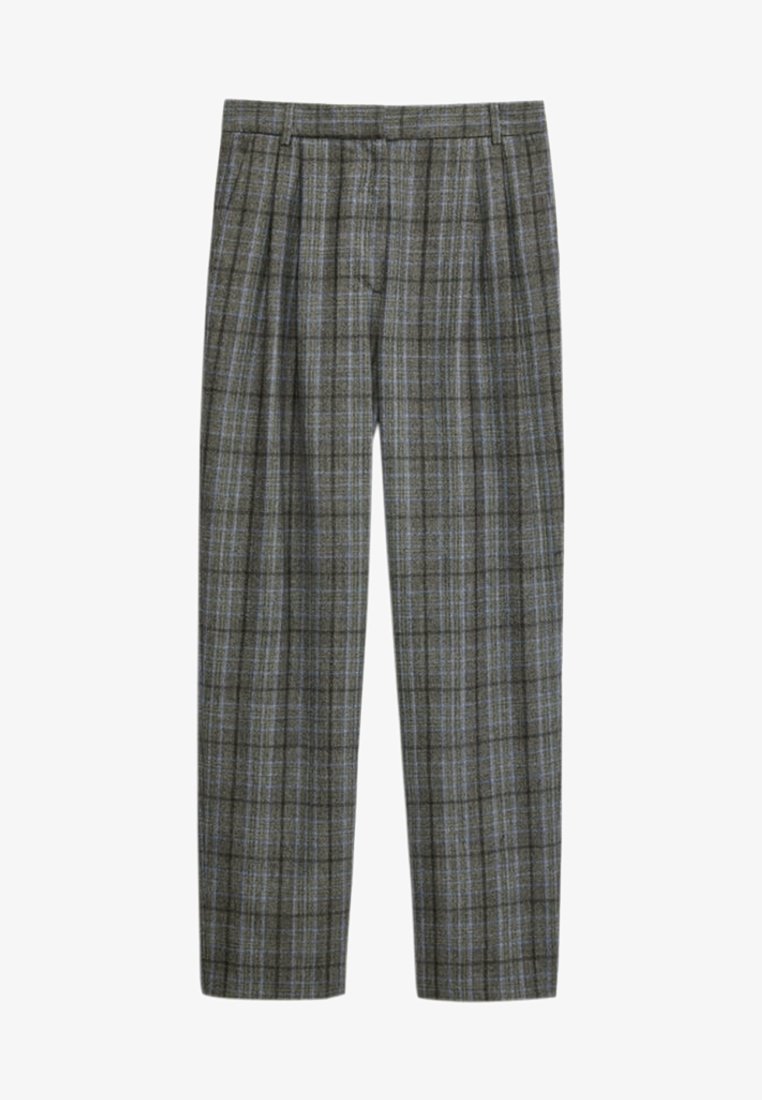 Pantalon à carreaux gris sur mesure avec une coupe droite et de fines lignes bleues tissées dans le motif.