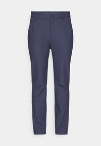 Marineblaue Hose aus dehnbarem Stoff mit glatter Textur, ausgestattet mit einem normalen Bund und einer Knopfverschlusser, sowie schmal zulaufenden Beinen.