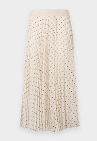 Crèmekleurige geplooide rok met zwarte polka dots, voorzien van een zachte tailleband. Gemaakt van lichtgewicht stof, het heeft een gladde textuur en vloeiend ontwerp.