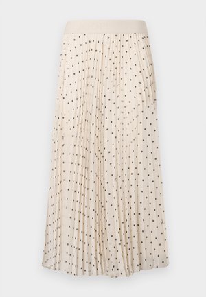 Krém színű pliszírozott szoknya fekete hullámos pöttyökkel, puha derékrésszel. Könnyű anyagból készült, sima tapintású és légies kialakítású.