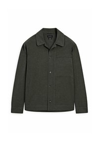 Donkergroen overhemd met knopen, gemaakt van een gestructureerde stof, met een kraag, een voorzak en lange mouwen met knoopmanchetten.