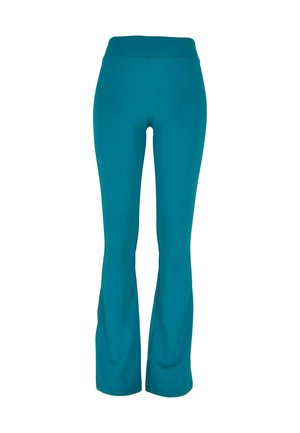 Türkise, ausgestellte Yogahosen mit einem breiten, bequemen Bund; aus einem dehnbaren, glatten Material; besitzt eine einfarbige Oberfläche ohne Muster.