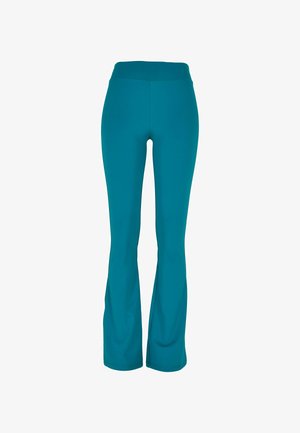 Tyrkysové rozšířené yoga legíny s širokým, pohodlným pasem; vyrobené z elastického, hladkého materiálu; mají jednobarevný design bez vzorů.