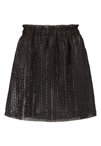 Mustapihainen hame, jossa on joustava vyötärö, punavalkoisella kukkakuosilla ja läpikuultavalla, tekstuurilla varustetulla kankaalla, jossa on pystysuoria raitoja.