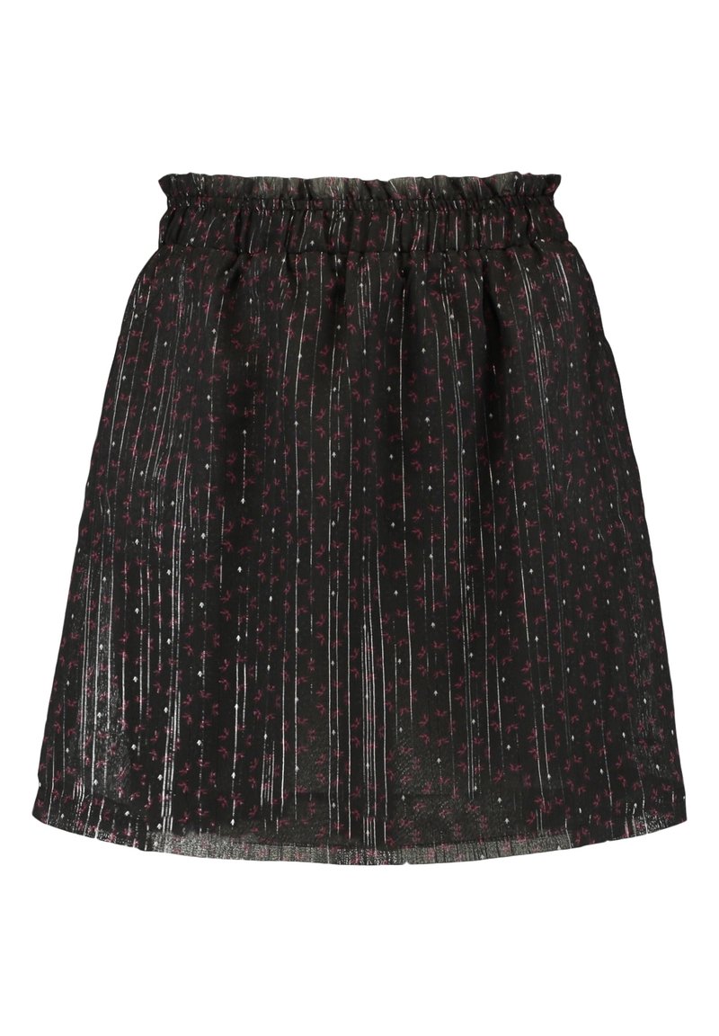 Mustapihainen hame, jossa on joustava vyötärö, punavalkoisella kukkakuosilla ja läpikuultavalla, tekstuurilla varustetulla kankaalla, jossa on pystysuoria raitoja.