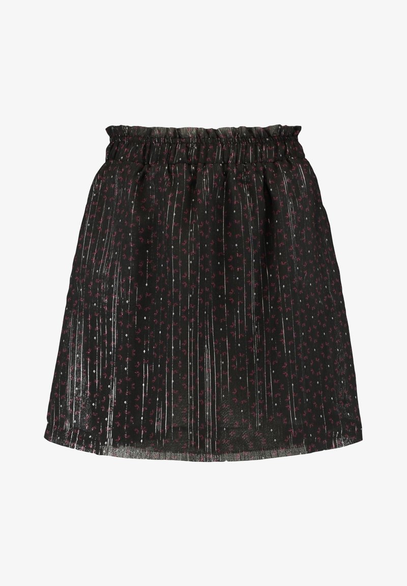 Mustapihainen hame, jossa on joustava vyötärö, punavalkoisella kukkakuosilla ja läpikuultavalla, tekstuurilla varustetulla kankaalla, jossa on pystysuoria raitoja.