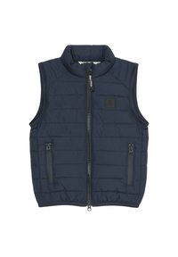 Gilet rembourré bleu marine avec col haut, fermeture éclair frontale, deux poches latérales zippées et un écusson logo sur la poitrine. Tissu texturé avec des coutures.