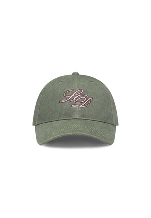 Olive green cotton cap with a curved brim, featuring pink embroidered "LD" logo at the front and ventilation holes on the sides.