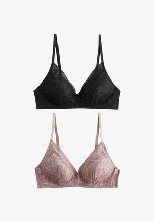 Crne i svijetloružičaste čipkaste bralette s cvjetnim uzorcima, tankim podesivim naramenicama i mekanim košaricama, prikazane na bijeloj pozadini.