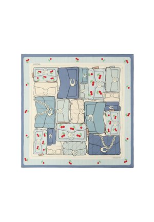 Huivi, jossa on kuvio sinisistä, beigenvärisistä ja vaaleansinisistä käsilaukuista, joissakin kirsikankuvioita, ja vaaleansinisen reunan kirsikkakuvio.