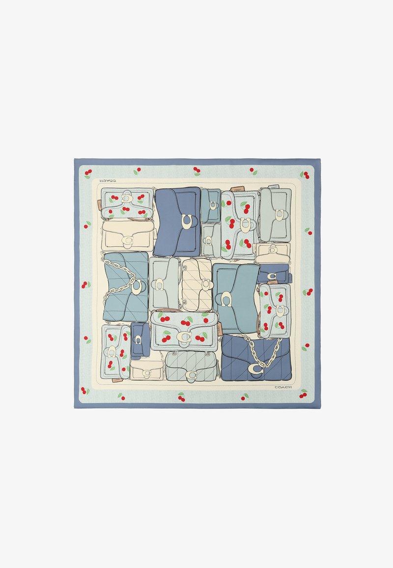 Écharpe avec un motif de sacs à main bleus, beiges et bleu clair, certains ornés de motifs de cerises, et un motif de cerises sur la bordure bleu clair.