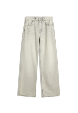 Jasnoszare dżinsy typu wide-leg z miękkiego denimu, charakteryzujące się wysokim stanem, pięcioma kieszeniami i widocznym przeszyciem na szwach.