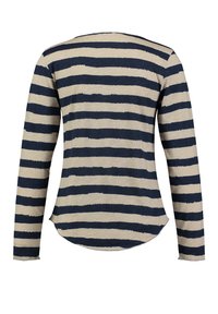 Langemouwige top met een ronde zoom, voorzien van marineblauwe en beige horizontale strepen. Gemaakt van een zachte, gestructureerde stof.