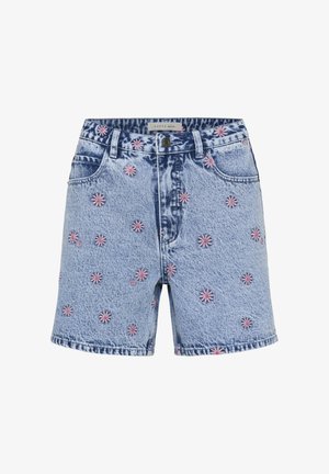Svetlomodré rifľové šortky s ružovými vyšívanými kvetinovými vzormi, zapínaním na gombíky vpredu a vreckami.