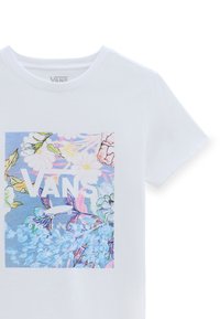 White cotton t-shirt featuring a colorful floral graphic with blue, pink, and green details, and the "VANS" logo prominently displayed.