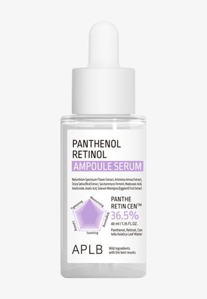 Flacon compte-gouttes transparent étiqueté Panthenol Retinol Ampoule Serum avec 36,5 % d'actifs, propriétés hydratantes et apaisantes, 40 ml.