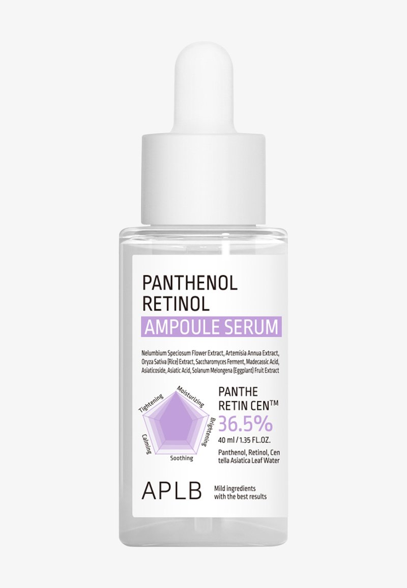 Clear dropper bottle labeled Panthenol Retinol Ampoule Serum with 36.5% active, moisturizing and soothing properties, 40 ml.
