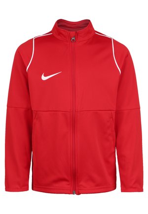 Rode Nike-jas met hoge kraag, volledige rits, witte accenten langs de schouders, gemaakt van glad, lichtgewicht materiaal, met logo op de linkerborst.