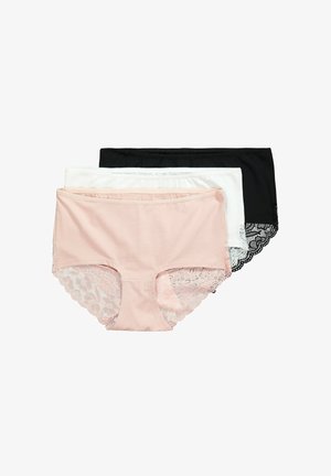 Conjunto de ropa interior de algodón y encaje en rosa, blanco y negro. Cada par cuenta con un acabado de encaje y un diseño clásico de bragas.