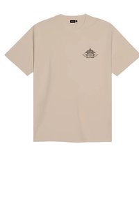 T-shirt in cotone beige con maniche corte; presenta una grafica nella zona sinistra del petto. Collo rotondo e vestibilità comoda.