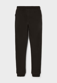 Schwarze Baumwoll-Jogginghosen mit elastischem Bund, schmal zulaufendem Bein und gerippten Bündchen. Glatte Textur mit minimalen Nähten.
