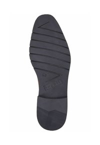 Suela de zapato de goma, superficie negra texturizada con surcos horizontales, tacón redondeado, nombre de la marca "bugatti" en relieve y talla "42."