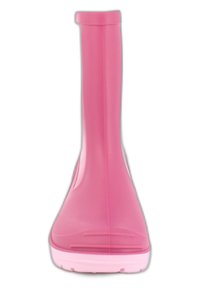 Roze rubberen laars met een hoge schacht, gladde textuur, witte zool en een minimaal ontwerp. Heeft een ronde neus en rechte randen.