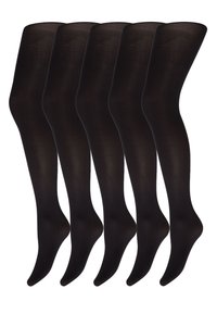 Sorte uigennemsigtige strømpebukser samlet, der har en glat tekstur og et sømløst design. Fem par vist med en ensartet længde.