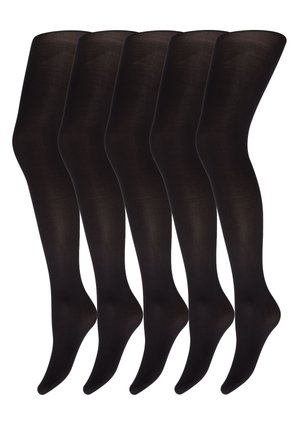Sorte uigennemsigtige strømpebukser samlet, der har en glat tekstur og et sømløst design. Fem par vist med en ensartet længde.