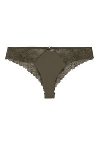 String olive avec des bordures en dentelle florale, présentant un panneau central lisse et un petit accessoire en métal à l'arrière.