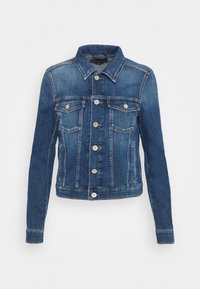 Blue denim jacket with long sleeves, a collar, and front pockets. Features silver snap buttons and a slightly distressed texture.