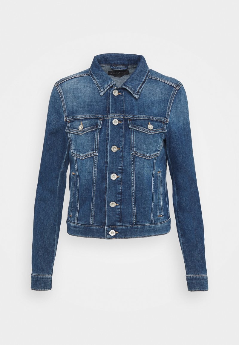 Blue denim jacket with long sleeves, a collar, and front pockets. Features silver snap buttons and a slightly distressed texture.