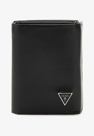 Portafoglio in pelle nera con finitura testurizzata. Presenta un logo triangolare argenteo sulla parte anteriore. Design pieghevole con molteplici scomparti visibili.