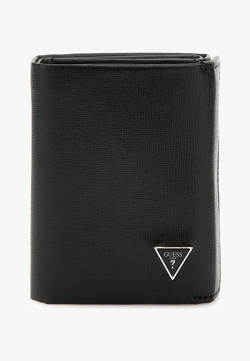 Portafoglio in pelle nera con finitura testurizzata. Presenta un logo triangolare argenteo sulla parte anteriore. Design pieghevole con molteplici scomparti visibili.