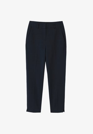 Tmavě modré kalhoty na míru s poutky na pásek, předními kapsami a zúženým střihem nohavic s malými bočními rozparky na lemu.