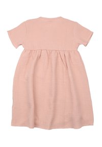 Short-sleeve dress in soft pink fabric with textured detail, pleated skirt, and a round neckline. Lightweight and airy design.