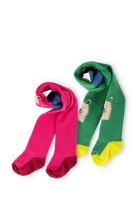 Helle pinke und grüne Socken, jeweils mit einem Bärendesign. Die pinke Socke hat kastanienbraune Akzente; die grüne Socke hat gelbe Zehenteile. Weicher Stoff.