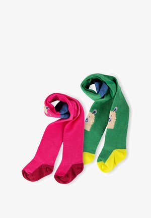 Helle pinke und grüne Socken, jeweils mit einem Bärendesign. Die pinke Socke hat kastanienbraune Akzente; die grüne Socke hat gelbe Zehenteile. Weicher Stoff.