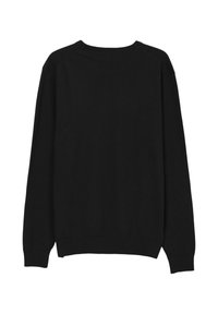 Maglione nero a maniche lunghe con collo a giro e polsini e orlo a coste, mostrato dal retro su uno sfondo bianco.