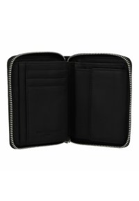 Portefeuille en cuir noir avec fermeture éclair, présentant plusieurs emplacements pour cartes et une poche, texture lisse, design minimaliste.