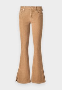 Brown corduroy flared jeans with a high waist, front pockets, and slit openings at the hem. Textured fabric with a ribbed pattern.