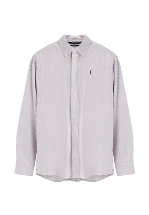 Camicia a maniche lunghe con bottoni, righe verticali bianche e lilla chiaro e piccolo logo blu scuro sul petto sinistro.