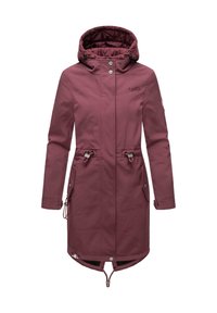 Maroon long coat with a hood, featuring side pockets, drawstring waist, and snap closures. Made of durable, smooth fabric with a quilted lining.
